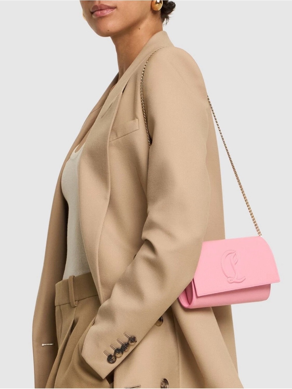 CHRISTIAN LOUBOUTIN By My Side Calipso Pink Calf Leather Logo Wallet Gold Chain